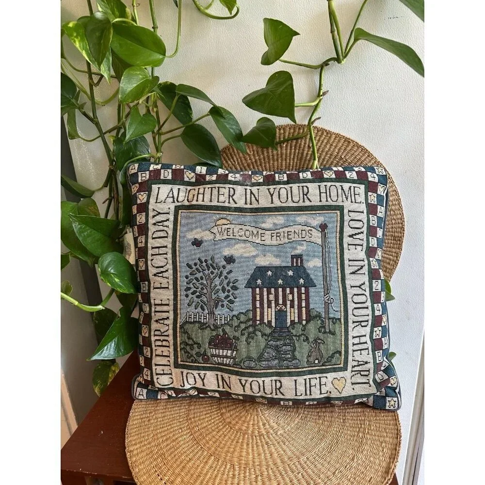 Vintage welcome, friends embroidered throw pillow